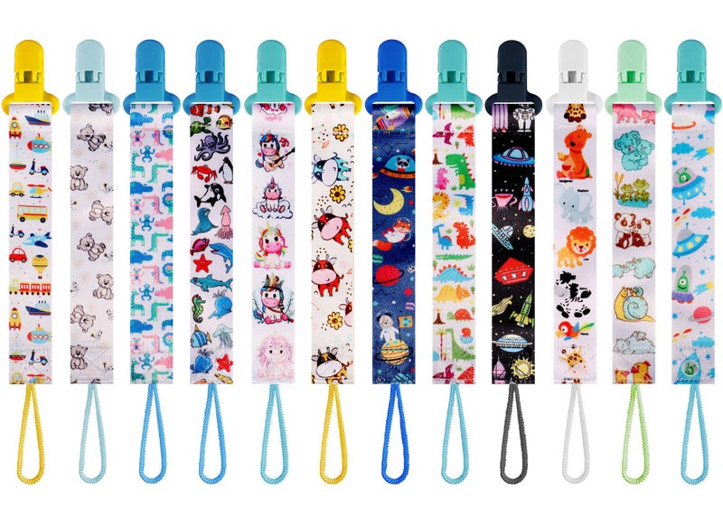 12 Pack Pacifier Clips with Adjustable Strap (32-46.5cm)/Short Strap(25.5cm) - Premium Polyester Baby Pacifier Holder Set, Multi-Design Clips for Boys Girls (Multicolor H 26cm)