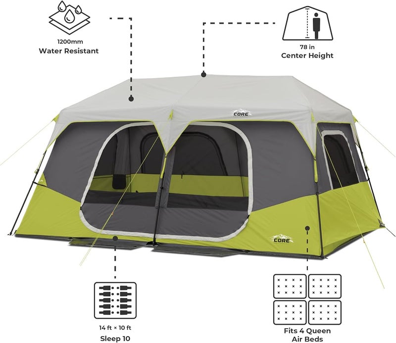 CORE Instant Cabin Tents 6 Person 9 Person 10 Person 12 Person Family Cabin Multi Room Pop Up Tents Car Camping Included Storage Pockets for Camping Accessories - Image 4