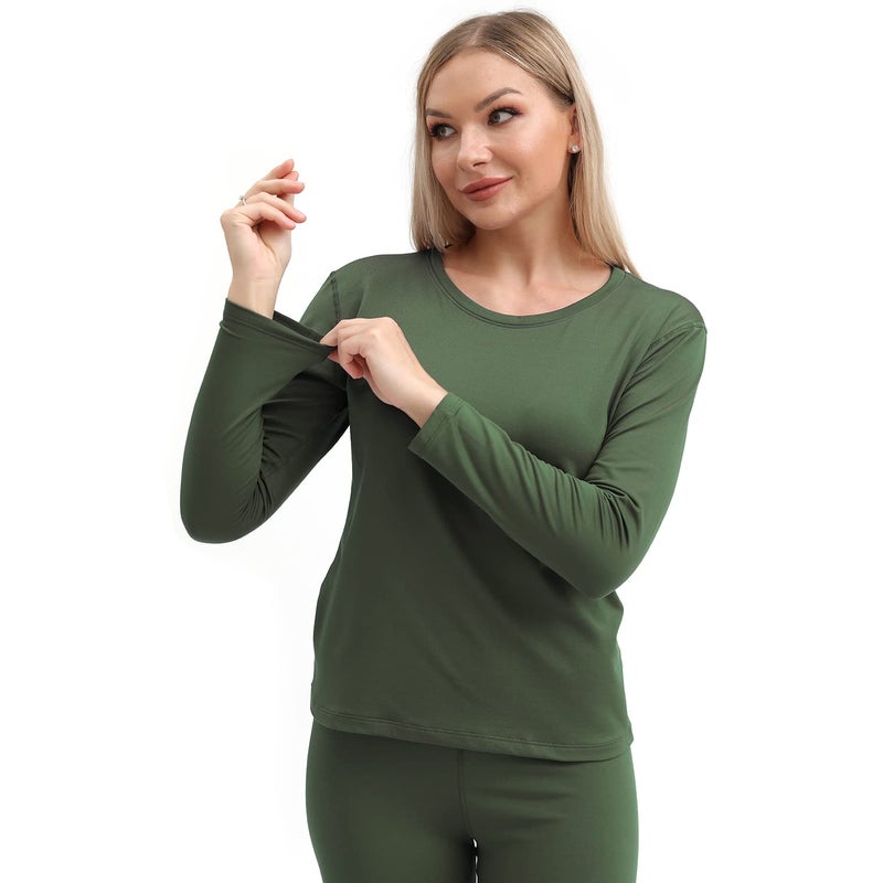 PISIQI Thermal Underwear Women Ultra-Soft Long Johns Set Fleece Lined Base Layer Skiing Winter Warm Top & Bottom Pajama Set Green - Image 4