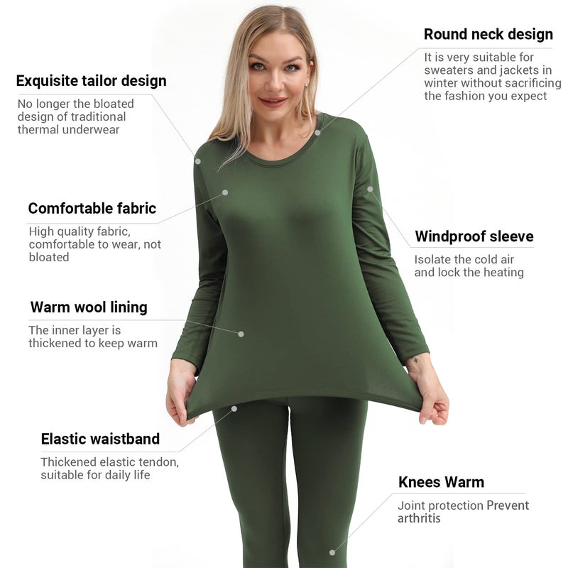 PISIQI Thermal Underwear Women Ultra-Soft Long Johns Set Fleece Lined Base Layer Skiing Winter Warm Top & Bottom Pajama Set Green - Image 2