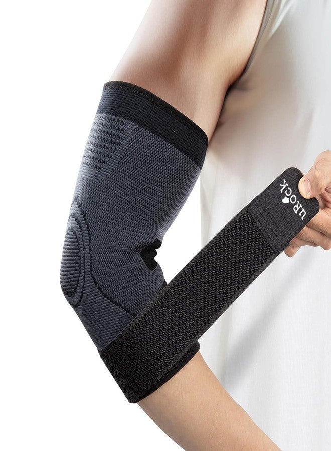 uRock Elbow Support for Gym with Strap 1pc - Elbow Brace for Men Women Workout | Elbow Compression Sleeves with Straps for Tendonitis Pain Relief, Tennis, Cricket - Elbow Band-Free Size (Grey) - Image 1