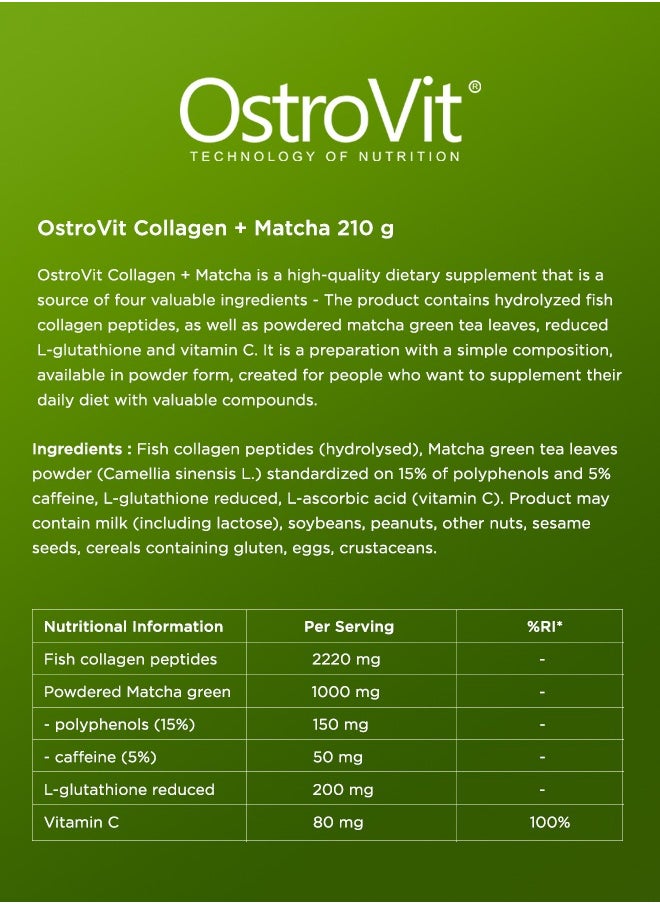 OstroVit - Collagen Matcha 210g Unflavour – Supports Skin, Joint Health & Antioxidant Protection – Collagen Peptides & Matcha Green Tea - Image 1