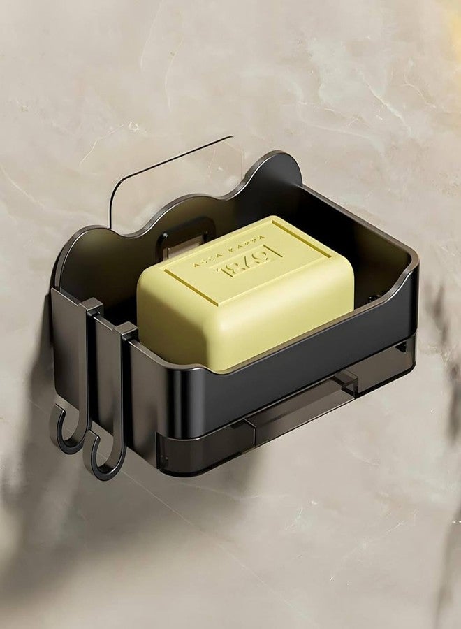 SOME TWIST Self-Adhesive Bathroom Soap Holder with Drainage Tray - Wall Mounted Soap & Sponge Organizer, Non-Drill Installation, Space-Saving Bathroom Accessories (Black, Plastic) - Image 1