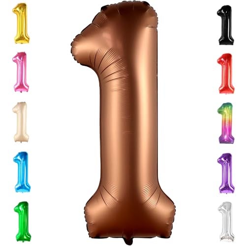 KatchOn, Brown 1 Balloon Number - 40 Inch, Helium Supported | Foil Brown One Balloon for Safari brown Birthday Decorations | One Happy Camper Balloons | Anniversary Decorations - Image 1