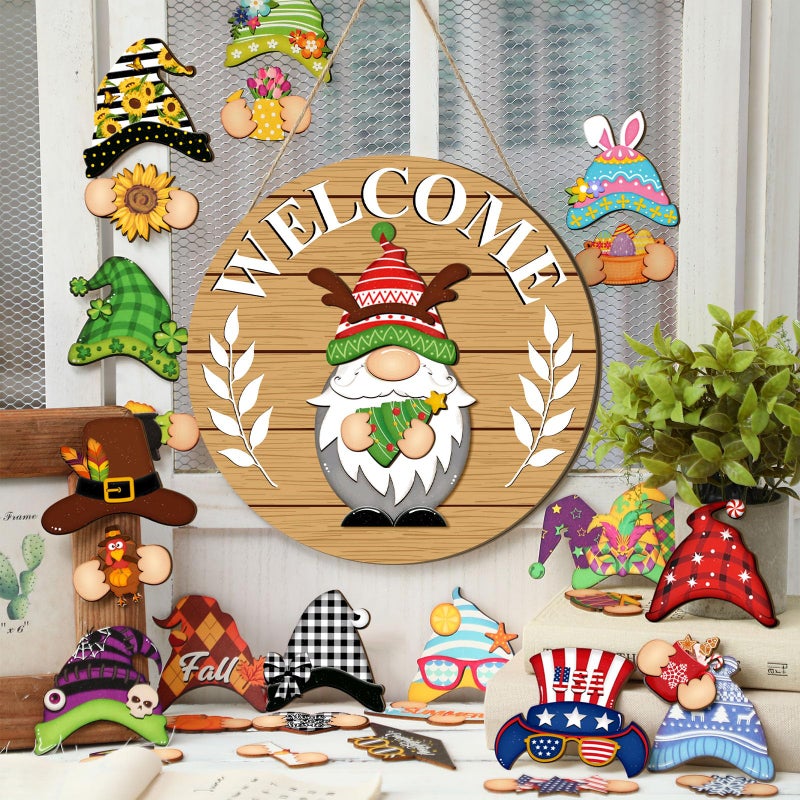 Qunclay Interchangeable Wooden Gnome Decor Holiday Seasonal Gnome Decorations with Magnet Pieces and Detachable Hats Changeable Welcome Sign for Home(Tawny) - Image 4