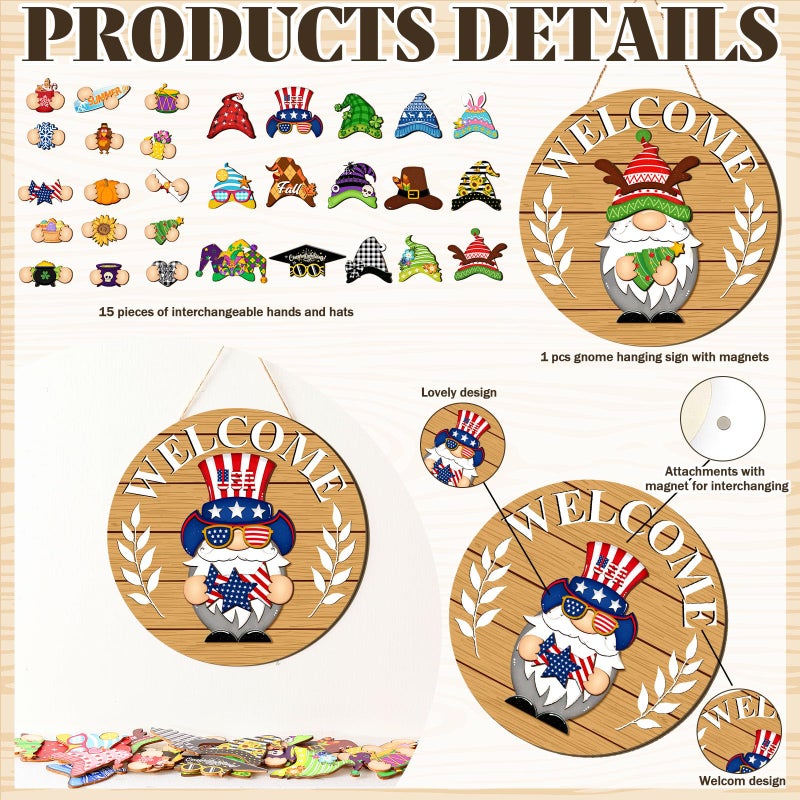 Qunclay Interchangeable Wooden Gnome Decor Holiday Seasonal Gnome Decorations with Magnet Pieces and Detachable Hats Changeable Welcome Sign for Home(Tawny) - Image 3