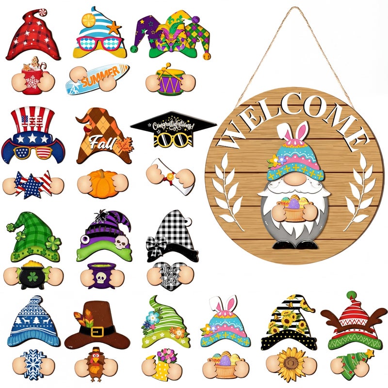 Qunclay Interchangeable Wooden Gnome Decor Holiday Seasonal Gnome Decorations with Magnet Pieces and Detachable Hats Changeable Welcome Sign for Home(Tawny) - Image 1