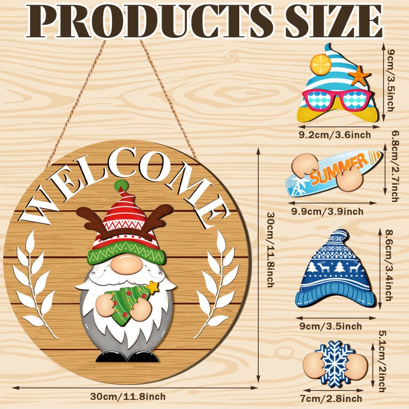 Qunclay Interchangeable Wooden Gnome Decor Holiday Seasonal Gnome Decorations with Magnet Pieces and Detachable Hats Changeable Welcome Sign for Home(Tawny) - Image 2