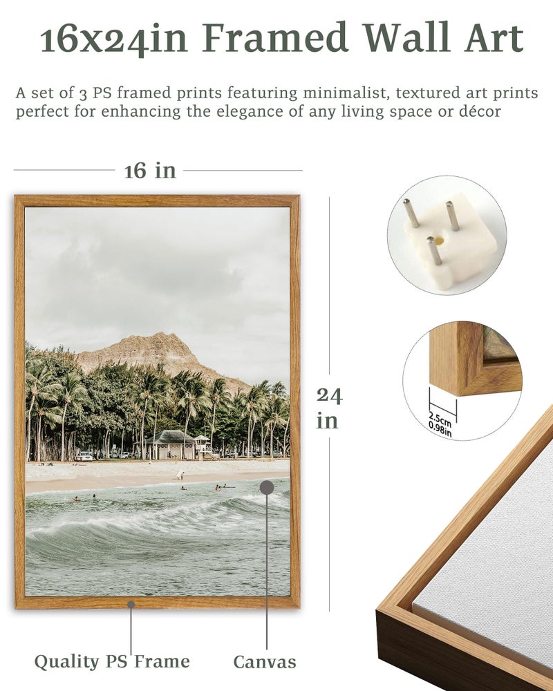 UPWOIGH Large Framed Canvas Wall Art, Set of 3 Hawaiian Surf Decor, Island Beach Photography Prints, 16x24 in Natural Cotton, Minimalist Coastal Travel Art for Living Room, Dining Room, Office, Gifts - Image 3