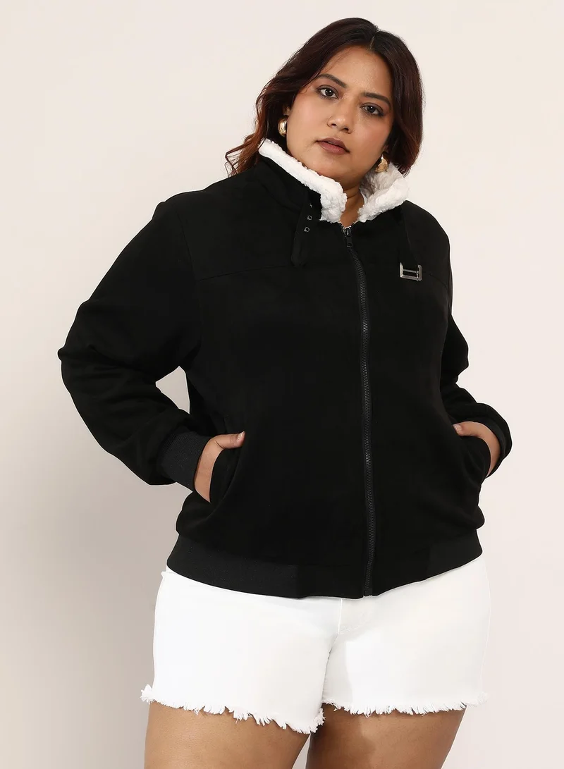 Instafab Plus Women's Contrast Sherpa-Lined Suede Bomber Jacket | Point Collar , Long Ribbed-Cuff Sleeves, Zipper Closure | Plus-Size Colourblock Woven Jacket For Casual & Daily Wear | Raven Black