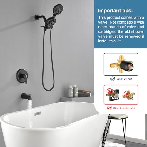 DIFEINI Tub and Shower Faucet Set Complete Dual Shower Head and Handheld 2 in 1 Combo Set Shower System with Tub Spout Tub and Shower Trim Kit Matte Black - Image 2