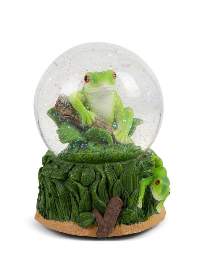 Elanze Designs Elanze Designs Playful Green Tree Frog Tabletop Figurine Forest Hopping Log Leaves 100MM Sturdy Glitter Water Wind Up Musical Snow Globe Plays Tune Beautiful Dreamer  - Image 1