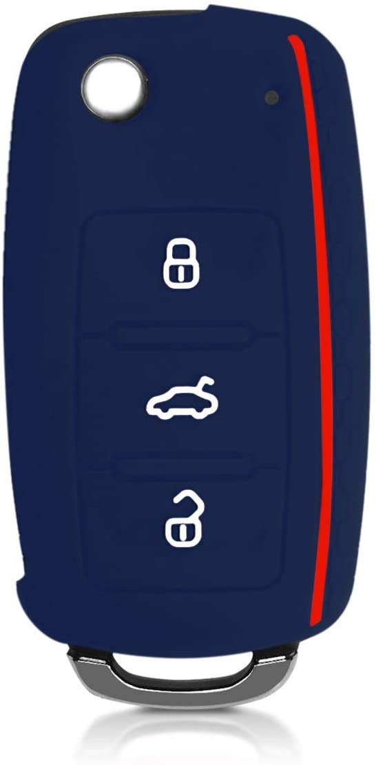 JVCV® Car Key Cover Compatible with Volkswagen Polo Vento Jetta Ameo Passat and Skoda Rapid Laura Superb Octavia Fabia Yeti Folding Key (Blue Red Line) - Image 3