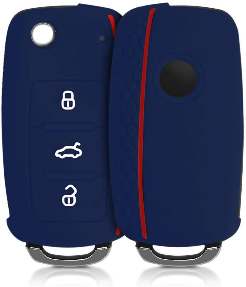 JVCV® Car Key Cover Compatible with Volkswagen Polo Vento Jetta Ameo Passat and Skoda Rapid Laura Superb Octavia Fabia Yeti Folding Key (Blue Red Line) - Image 1