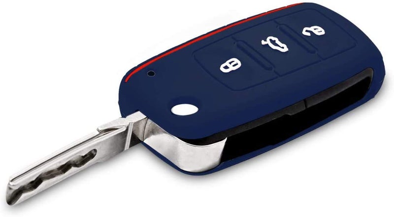 JVCV® Car Key Cover Compatible with Volkswagen Polo Vento Jetta Ameo Passat and Skoda Rapid Laura Superb Octavia Fabia Yeti Folding Key (Blue Red Line) - Image 5