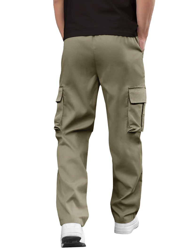 PLEPAN Men's Casual Cargo Pants Drawstring Hiking Pants Workout Tactical Joggers Sweatpants for Men Light Green Large - Image 3