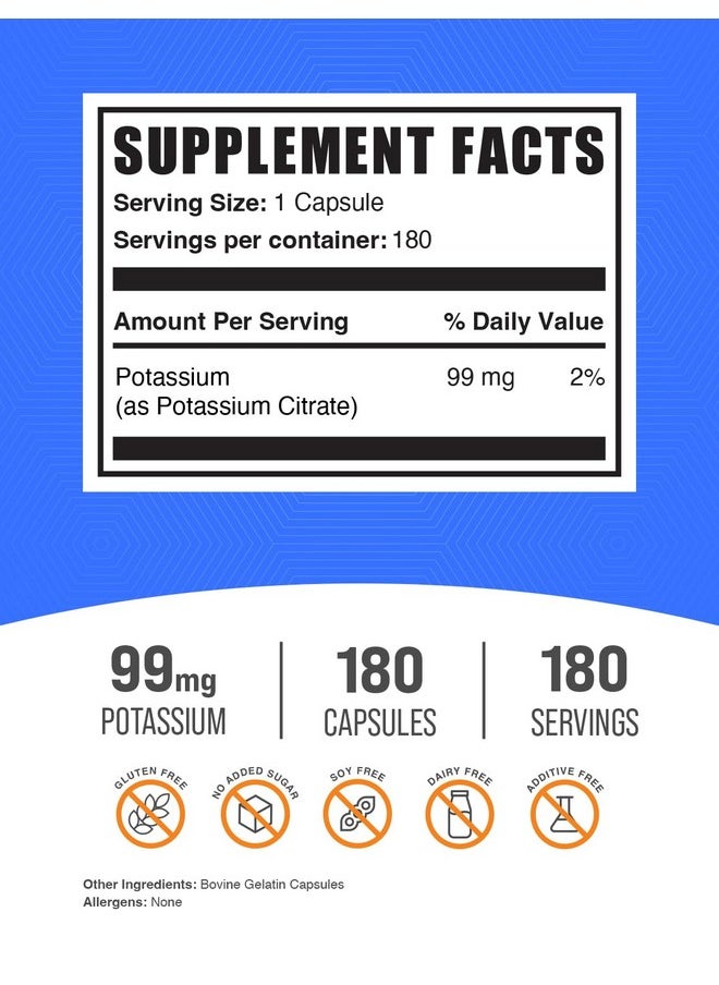 بالك سابلمنتس كبسولات سترات البوتاسيوم من BulkSupplements.com - مكمل البوتاسيوم، سترات البوتاسيوم 99 مجم - مكمل سترات البوتاسيوم، حبوب البوتاسيوم - كبسولة واحدة لكل وجبة، 180 كبسولة (عبوة من 1)  - Image 2