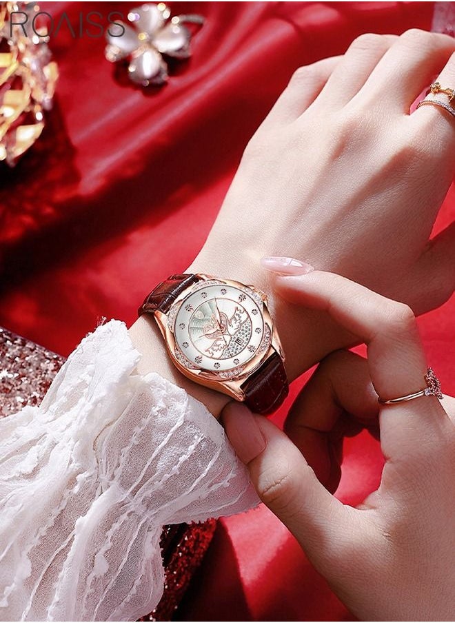 roaiss - Women's Leather Strap Quartz Watch Analog Display Round Dial with Rhinestones and Swan Pattern Decoration Waterproof Elegant Wristwatch as Gift for Ladies - Image 1