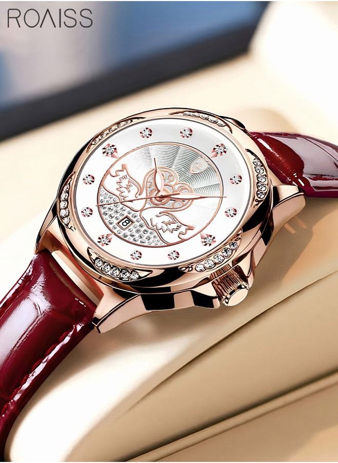 roaiss - Women's Leather Strap Quartz Watch Analog Display Round Dial with Rhinestones and Swan Pattern Decoration Waterproof Elegant Wristwatch as Gift for Ladies - Image 1