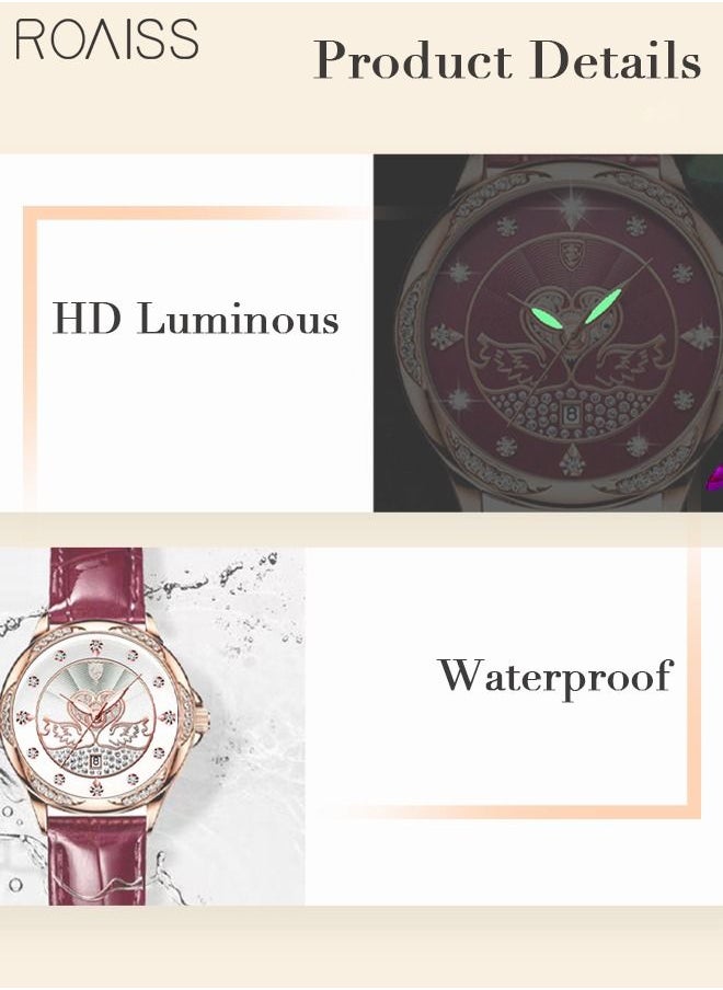roaiss - Women's Leather Strap Quartz Watch Analog Display Round Dial with Rhinestones and Swan Pattern Decoration Waterproof Elegant Wristwatch as Gift for Ladies - Image 1