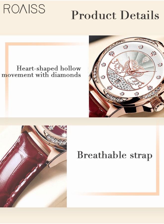 roaiss - Women's Leather Strap Quartz Watch Analog Display Round Dial with Rhinestones and Swan Pattern Decoration Waterproof Elegant Wristwatch as Gift for Ladies - Image 1