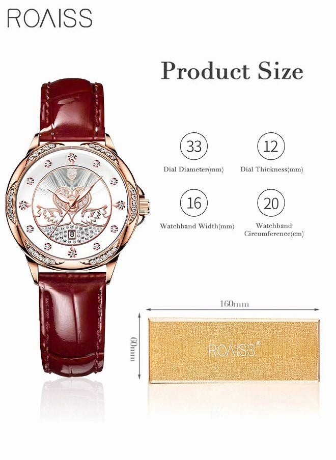 roaiss - Women's Leather Strap Quartz Watch Analog Display Round Dial with Rhinestones and Swan Pattern Decoration Waterproof Elegant Wristwatch as Gift for Ladies - Image 1