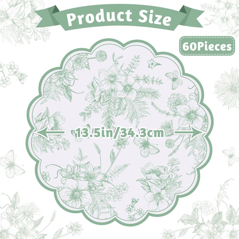 NatNarr 60 Pcs Sage Green Floral Paper Placemat, 13.5 Inch Disposable Scalloped Table Mats Wedding Placemats,Vintage Floral Banquet Place Mats for Mother's Day Wedding Bridal Tea Party Wildflower Party Decor - Image 2