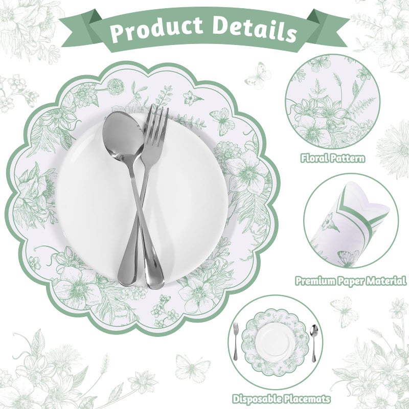NatNarr 60 Pcs Sage Green Floral Paper Placemat, 13.5 Inch Disposable Scalloped Table Mats Wedding Placemats,Vintage Floral Banquet Place Mats for Mother's Day Wedding Bridal Tea Party Wildflower Party Decor - Image 4