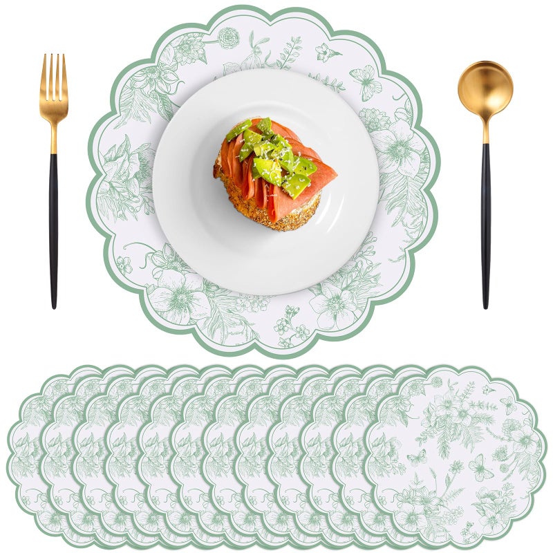 NatNarr 60 Pcs Sage Green Floral Paper Placemat, 13.5 Inch Disposable Scalloped Table Mats Wedding Placemats,Vintage Floral Banquet Place Mats for Mother's Day Wedding Bridal Tea Party Wildflower Party Decor - Image 1