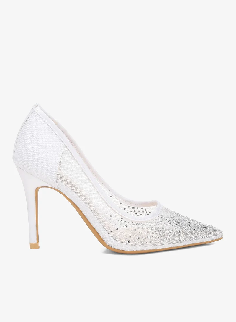 Mesh Rhinestone Stiletto Pump in White