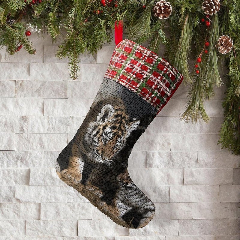 Siberian Tiger Christmas Stocking 13.2in, Glitter Sequins Xmas Stocking with Hanging Loop, Fun Gift Bag for Holiday Party Decor, One Size - Image 5