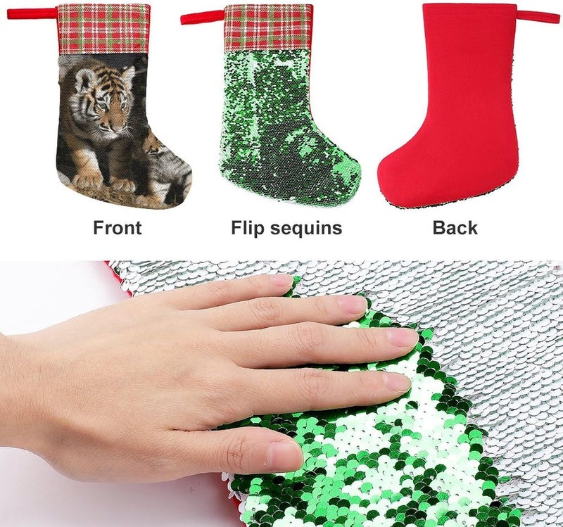 Siberian Tiger Christmas Stocking 13.2in, Glitter Sequins Xmas Stocking with Hanging Loop, Fun Gift Bag for Holiday Party Decor, One Size - Image 3