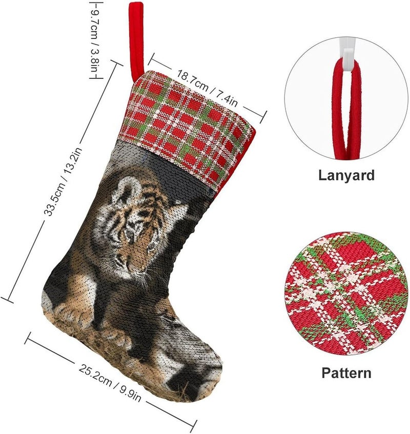 Siberian Tiger Christmas Stocking 13.2in, Glitter Sequins Xmas Stocking with Hanging Loop, Fun Gift Bag for Holiday Party Decor, One Size - Image 2