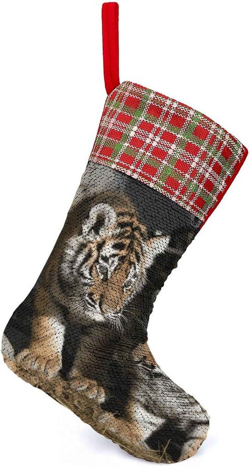 Siberian Tiger Christmas Stocking 13.2in, Glitter Sequins Xmas Stocking with Hanging Loop, Fun Gift Bag for Holiday Party Decor, One Size - Image 1