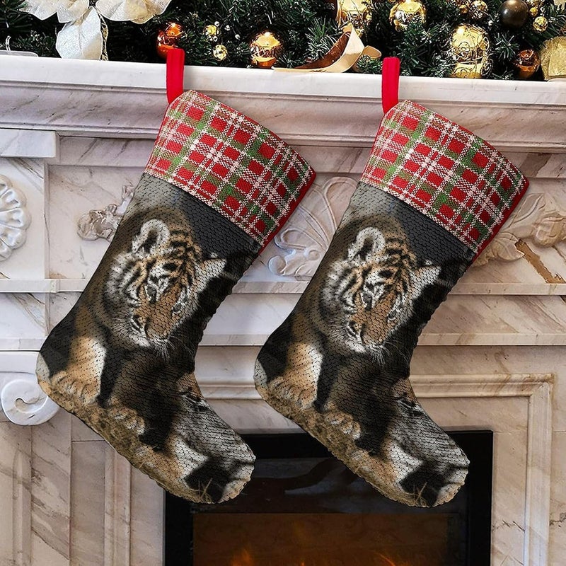 Siberian Tiger Christmas Stocking 13.2in, Glitter Sequins Xmas Stocking with Hanging Loop, Fun Gift Bag for Holiday Party Decor, One Size - Image 4
