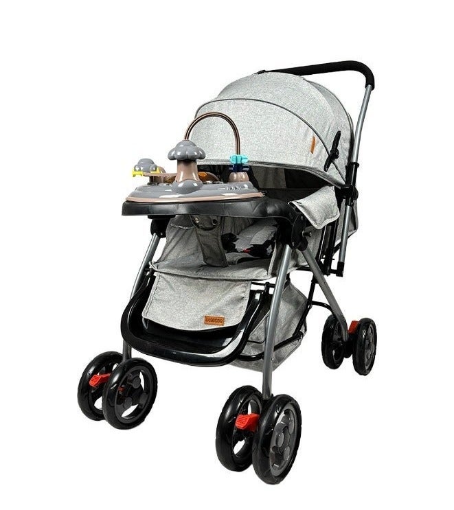 Rechargeable and portable baby stroller with a comfortable multi-position seat and storage basket - red and black - Image 1