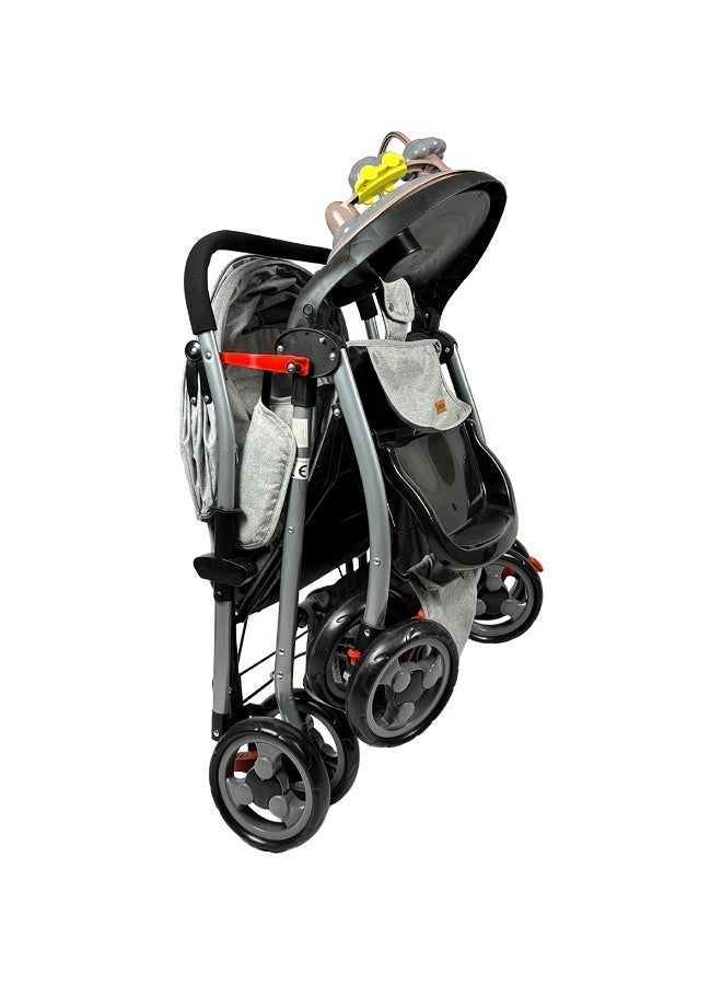 Rechargeable and portable baby stroller with a comfortable multi-position seat and storage basket - red and black - Image 4