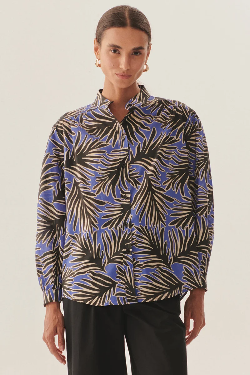 Exquise Mandarin Collar Long Sleeve Relaxed Fit Patterned Cotton Shirt
