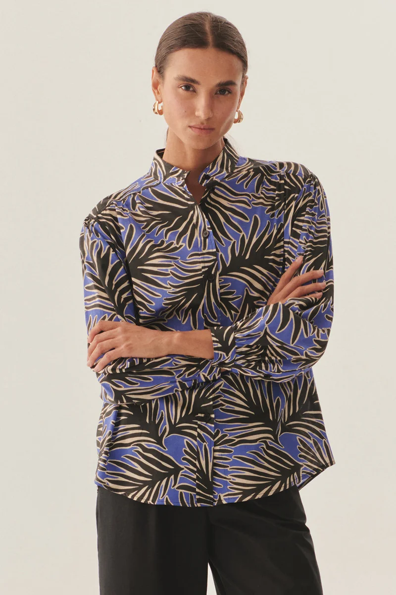 Exquise Mandarin Collar Long Sleeve Relaxed Fit Patterned Cotton Shirt