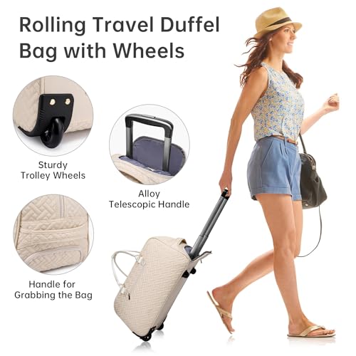BAVERGE Rolling Travel Duffle Bag with Wheels for Women, Large Carry on Duffel Bags with Toiletry Bag Wet Pocket, Weekender Overnight Traveling Bag with Roller Beige - Image 3