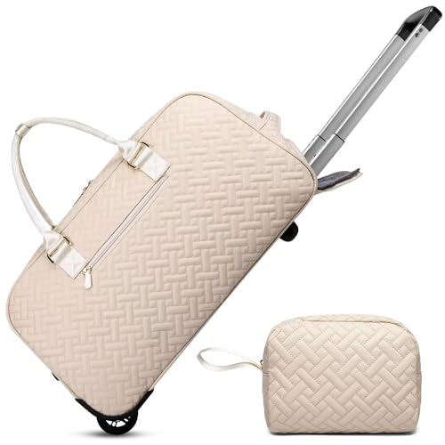 BAVERGE Rolling Travel Duffle Bag with Wheels for Women, Large Carry on Duffel Bags with Toiletry Bag Wet Pocket, Weekender Overnight Traveling Bag with Roller Beige - Image 1