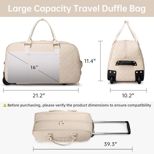BAVERGE Rolling Travel Duffle Bag with Wheels for Women, Large Carry on Duffel Bags with Toiletry Bag Wet Pocket, Weekender Overnight Traveling Bag with Roller Beige - Image 2