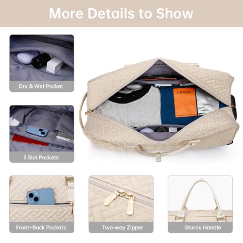 BAVERGE Rolling Travel Duffle Bag with Wheels for Women, Large Carry on Duffel Bags with Toiletry Bag Wet Pocket, Weekender Overnight Traveling Bag with Roller Beige - Image 5