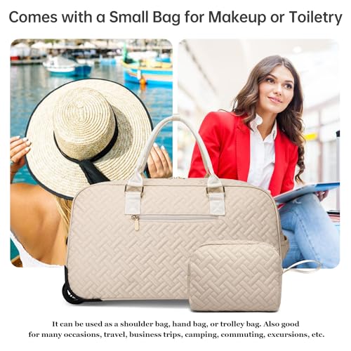BAVERGE Rolling Travel Duffle Bag with Wheels for Women, Large Carry on Duffel Bags with Toiletry Bag Wet Pocket, Weekender Overnight Traveling Bag with Roller Beige - Image 4