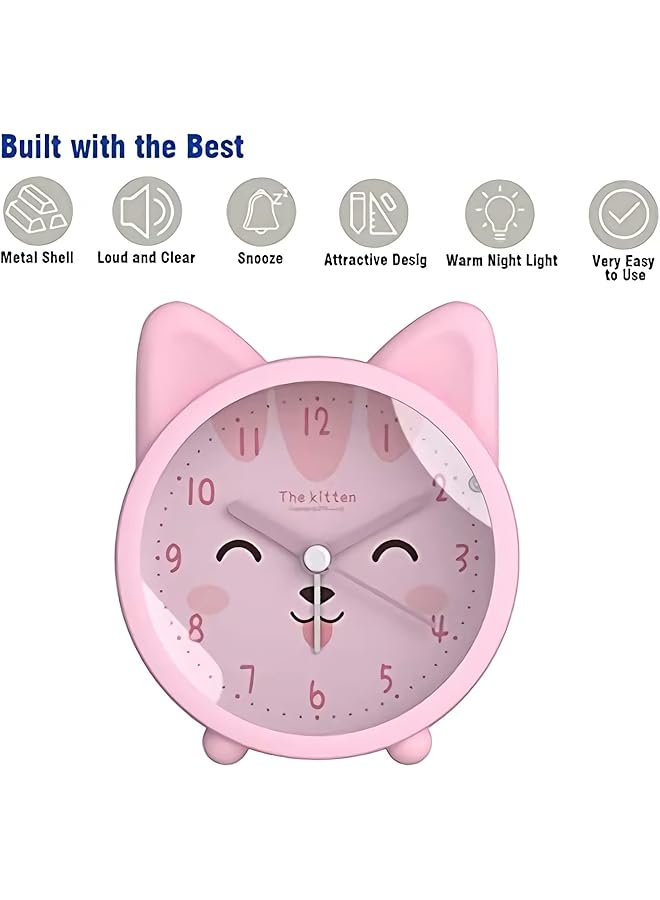 erorex Children Alarm Clock Silicone Cute Animal Kitten Silent Alarm Clock No Tick Sound With Night Light Alarm Clock For Bedside Desk Office Children Pink - Image 2