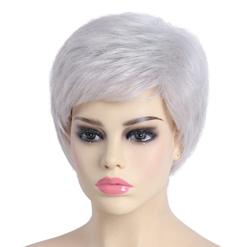 SYXLCYGG Short Silver White Wig Old Lady Wigs Wavy Synthetic 2.7 OZ Older Ladies Womens Hair Wigs Fluffy Thin and full Free Wig Cap