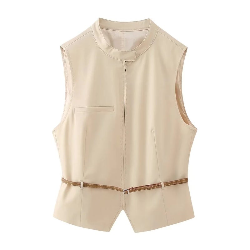 European and American style womens solid color casual new round neck tight waist short vest vest + pleated culottes suit 4674 khaki belt vest