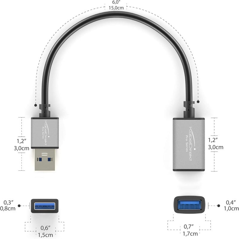 KabelDirekt – USB 3.0 Extension Cable – 0.15m x2 – (USB-A plug to USB-A female connector, black/space grey) - Image 2