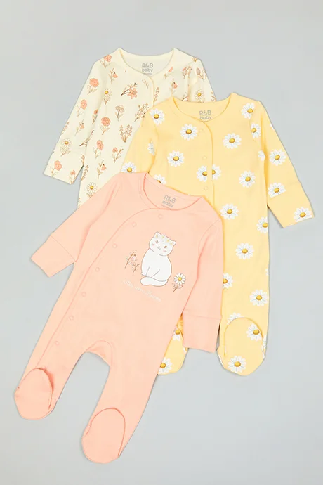 أر أند بي 3 Pack Printed Footed Sleepsuits