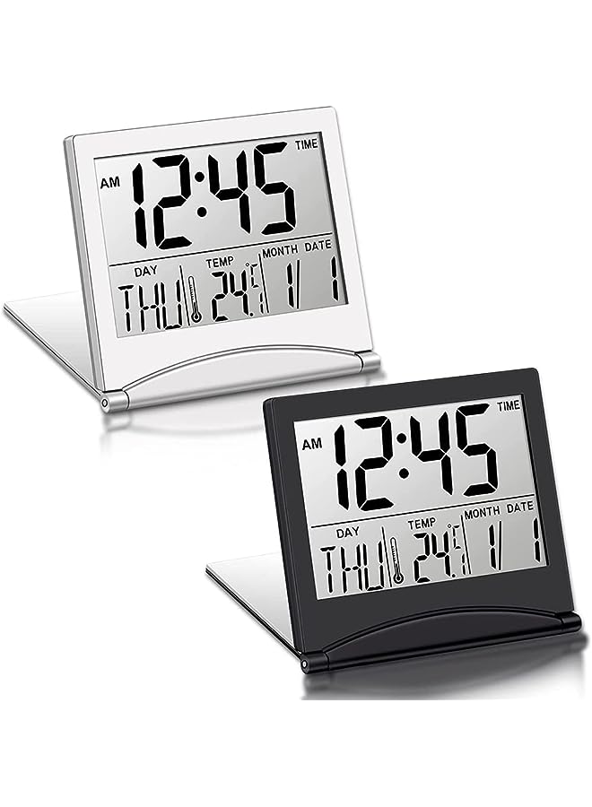SYOSI Travel Alarm Clock, 2 Pieces Foldable Calendar and Temperature and Timer LCD Clock with Snooze Mode, Large Number Display, Multifunction Small Portable Clock Desk Clock (Black, Silver) - Image 1